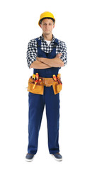Electrician with tools wearing uniform on white background