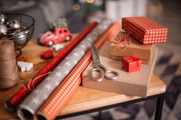 Wrapping Holidays Gifts. Christmas and New Year Decorations