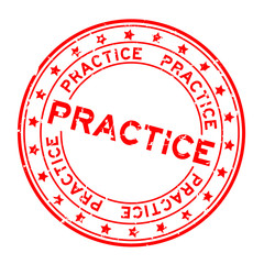 Grunge red practice word with star icon round rubber seal stamp on white background