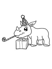 feiern geschenk geburtstag party spaß hut baby kind klein junges süß niedlich rhino retten überleben aussterben bedroht dickhäuter nashorn horn einhorn comic cartoon clipart logo design