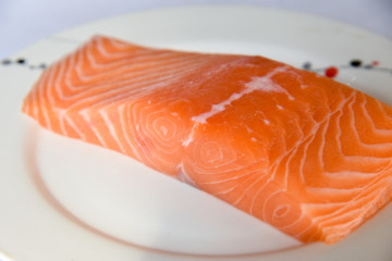 Salmon in white dish on white blackground.