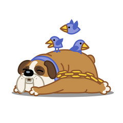 A Cartoon Vector Image Of A Sleeping Bulldog With Birds Flying Over