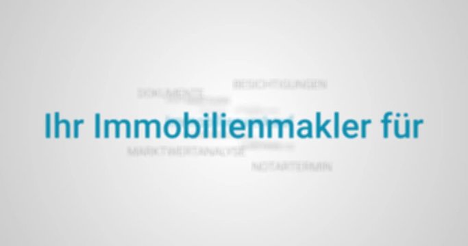 Intro welches die Leistungen eines Immobilienmaklers zeigt. Grauer Hintergrund, blaue Schrift