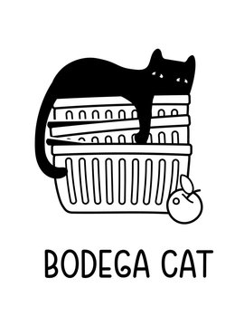 A Vector Cartoon Drawing Of A Black Cat Sleeping In A Stack Of Bodega Shoppig Carts
