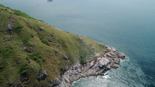 4k aerial view drone shot of beautiful mountain and tropical sea in summer season Location at Laem Krating Phuket Thailand
