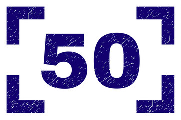 50 text seal stamp with grunge texture. Text caption is placed between corners. Blue vector rubber print of 50 with scratched texture.