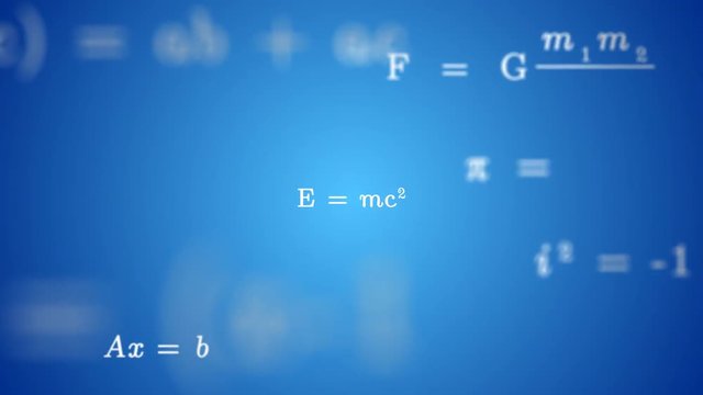 Animated SPECIAL RELATIVITY Background. Stylized math cloud of numbers and equations floating in 3D space.