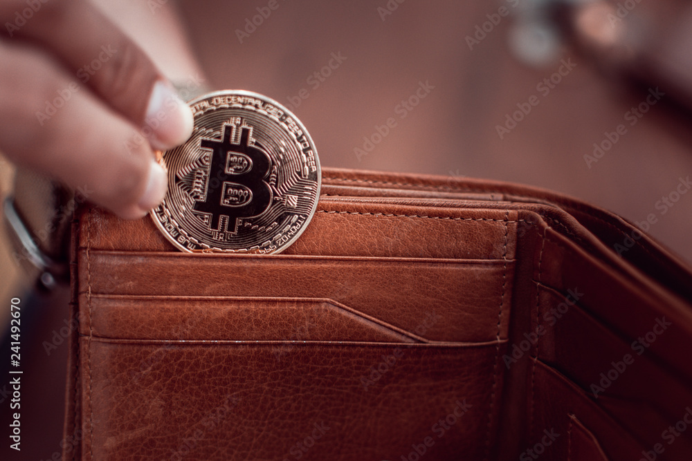 Poster Cryptocurrency Bitcoin. Digital money for banking and international network payment. Wallet with blockchain concept.