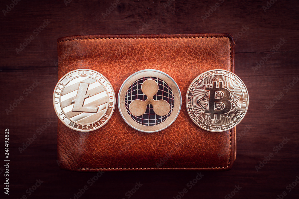 Poster Cryptocurrency Bitcoin. Digital money for banking and international network payment. Wallet with blockchain concept.