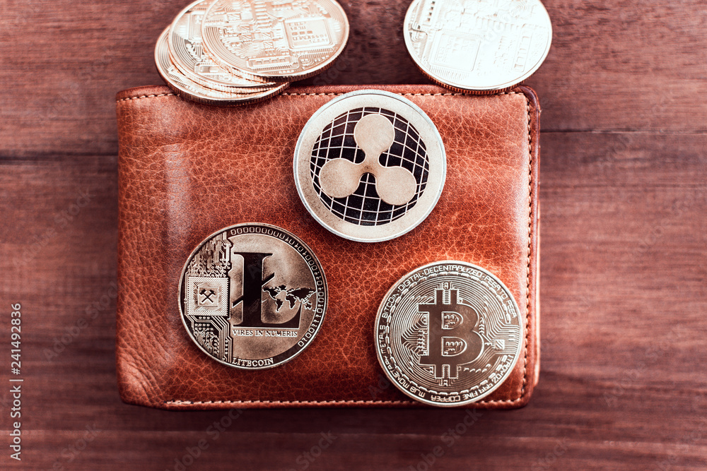 Poster Cryptocurrency Bitcoin. Digital money for banking and international network payment. Wallet with blockchain concept.