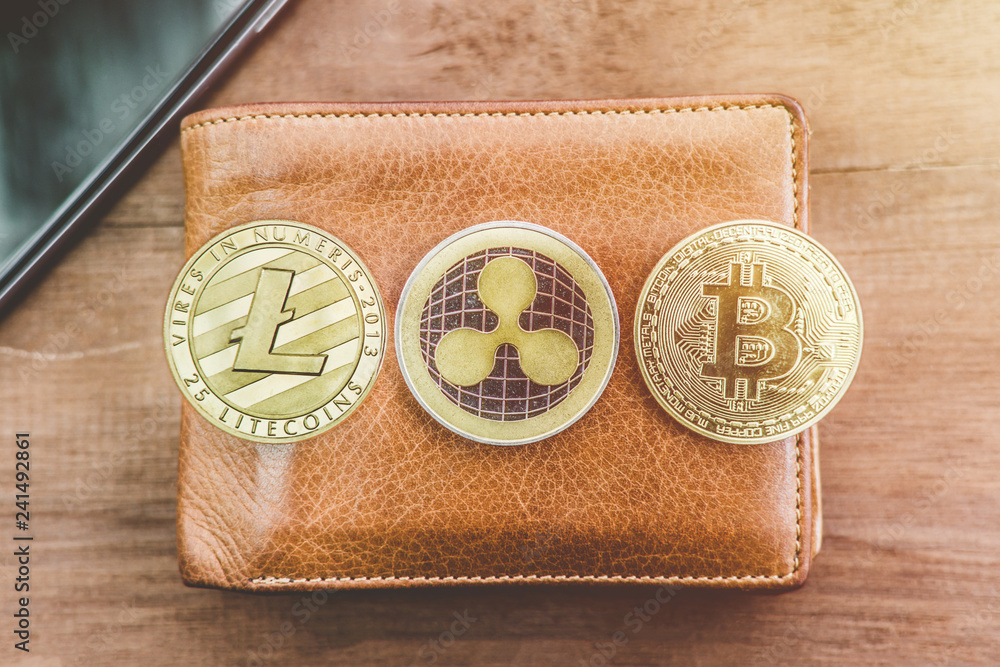 Poster Cryptocurrency Bitcoin. Digital money for banking and international network payment. Wallet with blockchain concept.