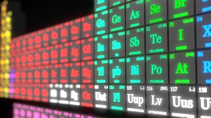 periodic table concept with black cubes and glowing text. 3d illustration