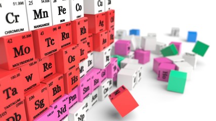 periodic table concept with fallen cubes. 3d illustration