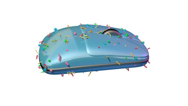 Computer mouse covered with germs, bacteria, viruses, microbes.Growing population during 3d animation. Isolated on solid white background 