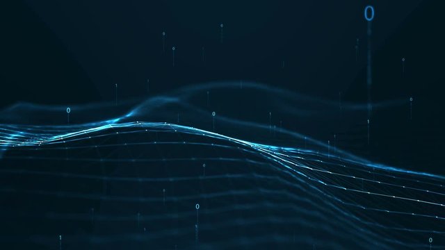 Abstract plexus geometrical shapes.Connection and web concept.digital,communication and technology network background with moving lines and dots and float particles, digits 0 and 1 as binary code.