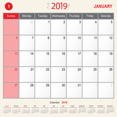 January 2019 Calendar Monthly Planner of Pig Design