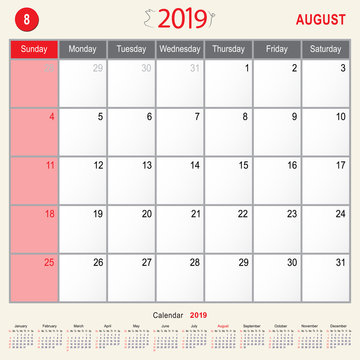 August 2019 Calendar Monthly Planner of Pig Design
