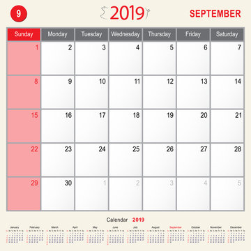 September 2019 Calendar Monthly Planner of Pig Design