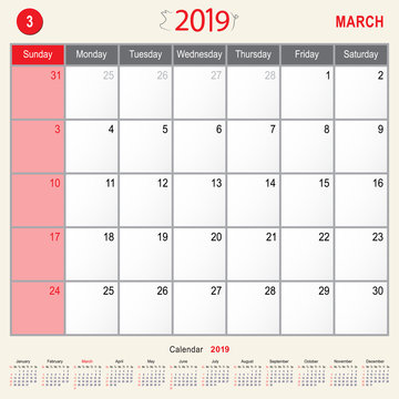 March 2019 Calendar Monthly Planner of Pig Design