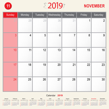 November 2019 Calendar Monthly Planner of Pig Design