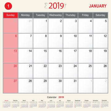 January 2019 Calendar Monthly Planner of Pig Design