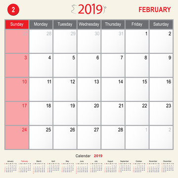 February 2019 Calendar Monthly Planner of Pig Design