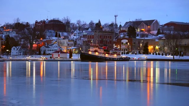 Scenic icy harbor, time lapse loop, Kewaunee, Wisconsin predawn.