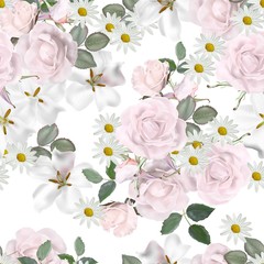 Floral seamless pattern-Rose, daisy  and gardenia flower vector illustration-vector