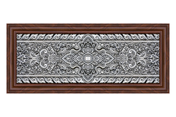 Pattern of silver metal plate with flower carved on white