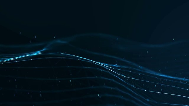 Abstract plexus geometrical shapes.Connection and web concept.digital,communication and technology network background with moving lines and dots and float particles, digits 0 and 1 as binary code.