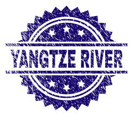 YANGTZE RIVER stamp seal watermark with distress style. Blue vector rubber print of YANGTZE RIVER label with scratched texture.
