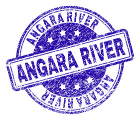ANGARA RIVER stamp seal imprint with grunge texture. Designed with rounded rectangles and circles. Blue vector rubber print of ANGARA RIVER text with corroded texture.