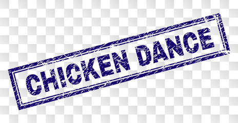 CHICKEN DANCE stamp seal imprint with rubber print style and double framed rectangle shape. Stamp is placed on a transparent background.