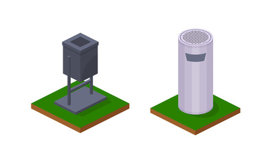 Metallic 3d city urns of various shapes, for garbage.