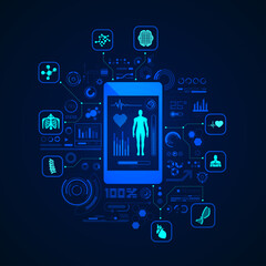 concept of e-health or telemedicine, graphic of health care application on device with medical icons