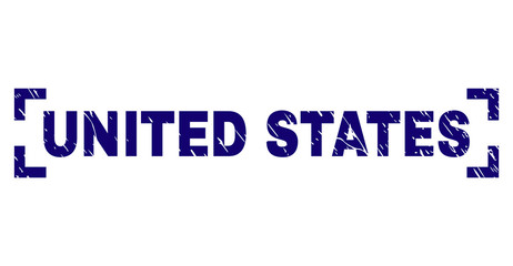 UNITED STATES text seal print with grunge style. Text tag is placed between corners. Blue vector rubber print of UNITED STATES with grunge texture.