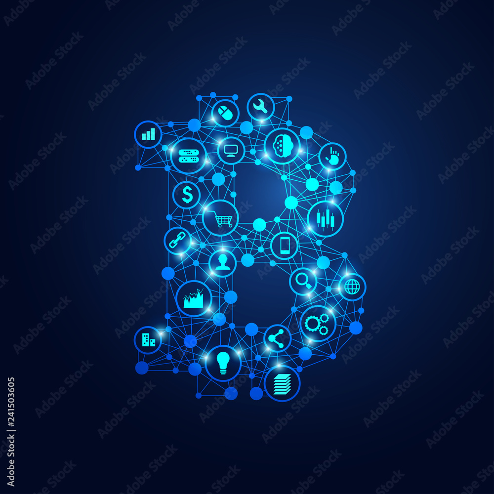 Aufkleber concept of cryptocurrency, shape of bitcoin with linked icons