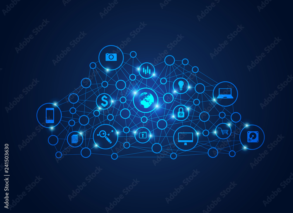 Poster concept of cloud computing with digital technology icons