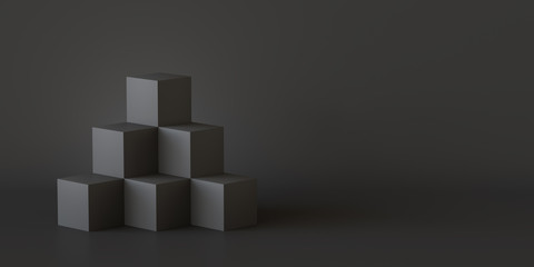 Black cube boxes with dark wall background. 3D rendering.