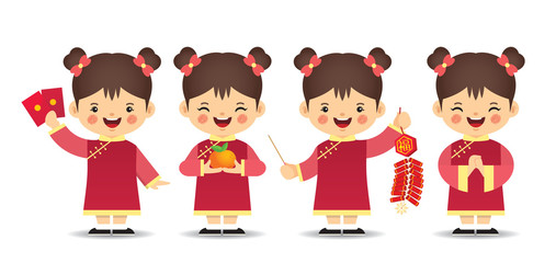 Set of cute cartoon chinese girl in different pose isolated on white background. Chinese new year character in flat vector design.