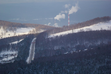 city in mountains winter