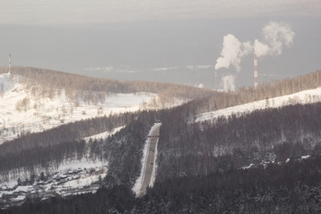 city in mountains winter