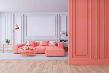 Luxuriöses, modernes Interieur des Wohnzimmers, Wohnkorallen-Dekorkonzept, 3D-Rendering © LEKSTOCK 3D