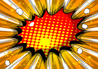 Vector illustrated retro comic book background with big colorful explosion bubble, pop art vintage style backdrop.