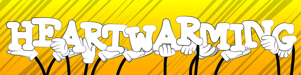 Diverse hands holding letters of the alphabet created the word Heartwarming. Vector illustration.