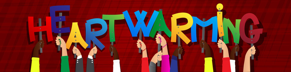 Obraz premium Diverse hands holding letters of the alphabet created the word Heartwarming. Vector illustration.