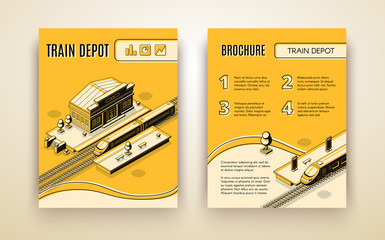 Railway company isometric vector promo brochure, touristic booklet page template with high-speed passenger train on train station or depot line art illustration. Transport infrastructure infographics © vectorpouch