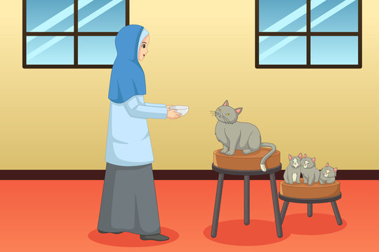 Muslim Woman Feeding Cat and Kitten at Home Illustration