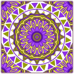 Decorative Colorful Floral Ornament With Decorative Border. Ethnic Decoration. For Fashion Print, Bandanna, Tablecloth, Neck Scarf. Vector illustration