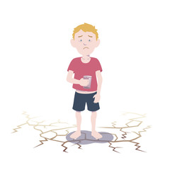 White child suffering from lack of water. Flat vector illustration.